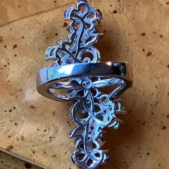 Natural Amethyst Peridot Sterling Silver Cocktail Ring - Picture 4 of 8